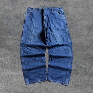 Wrangler Mens Carpenter Baggy Jeans Dark Wash Distressed Denim Fit Workwear